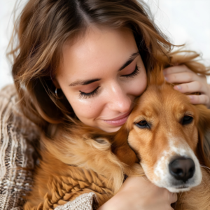 Mulher demonstrando carinho e amor pelo seu pet. Portal Guaipeka