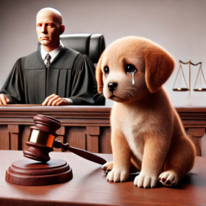 Cumprimento da Legislação Pet | cachorro chorando e juiz no fundo | Portal Guaipeka
