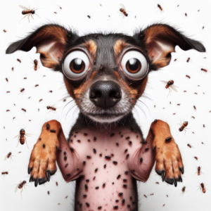 Cão assustado com as pulgas e carrapatos