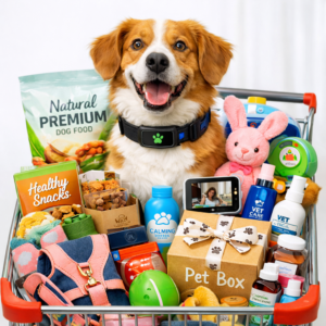 Banner sobre Mercad de produtos pet: cachorro dentro do carrinho de supermercado rodeado de produtos pets. | Portal Guaipeka