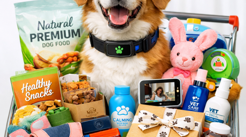 Banner sobre Mercad de produtos pet: cachorro dentro do carrinho de supermercado rodeado de produtos pets. | Portal Guaipeka