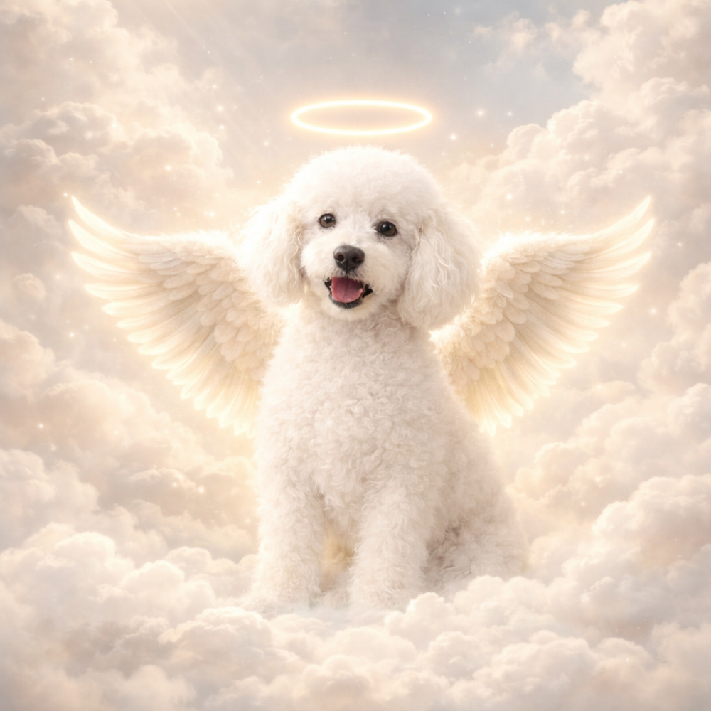 Luto de um pet um cãozinho com asas e aureola de anjo nas nuvens