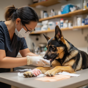 Exemplo de primeiros socorros para pets, veterinária fazendo curativo na pata de um cão