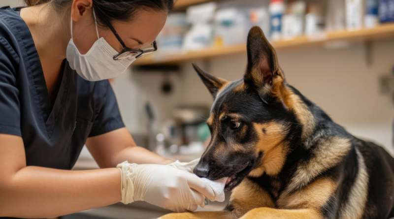 Exemplo de primeiros socorros para pets, veterinária fazendo curativo na pata de um cão