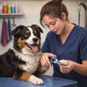 profissional de estética pet cortando as unhas de um cachorro