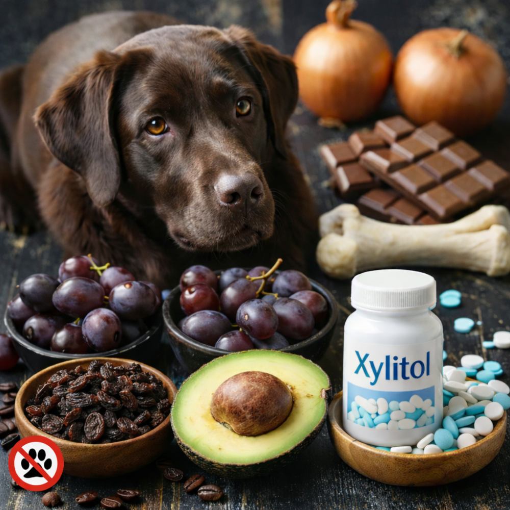 Cão rodeado de alimentos proibidos