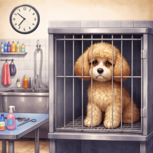 cão numa gaiola num espaço de banho e tosa