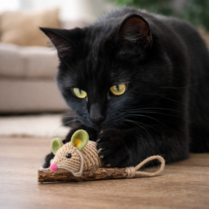 Gato preto com ratinho de brinquedo