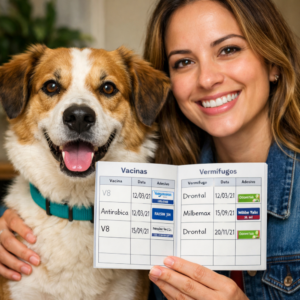 Uma mulher com um cachorro e uma carteirinha de vacinação
