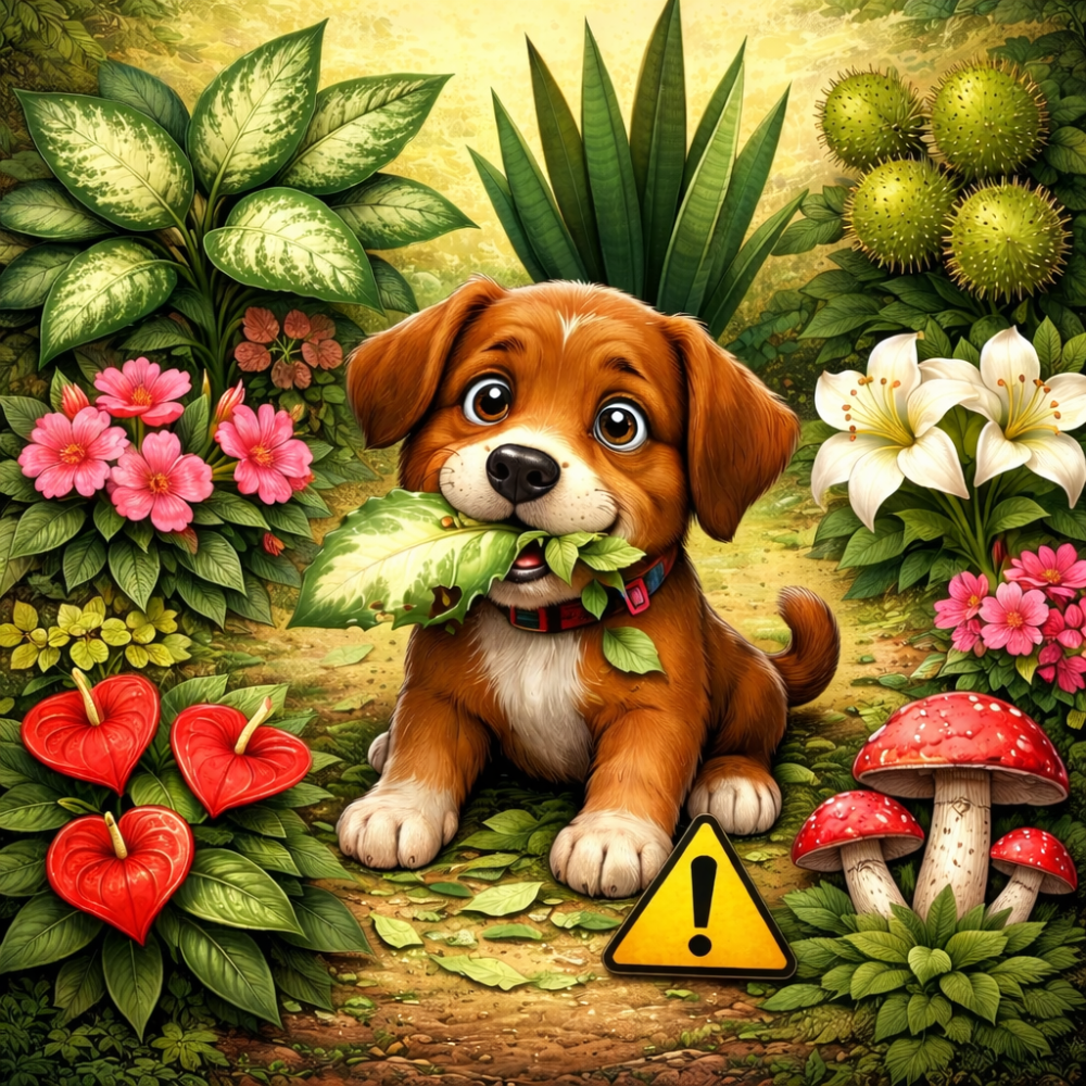 Um cão comendo plantas tóxicas