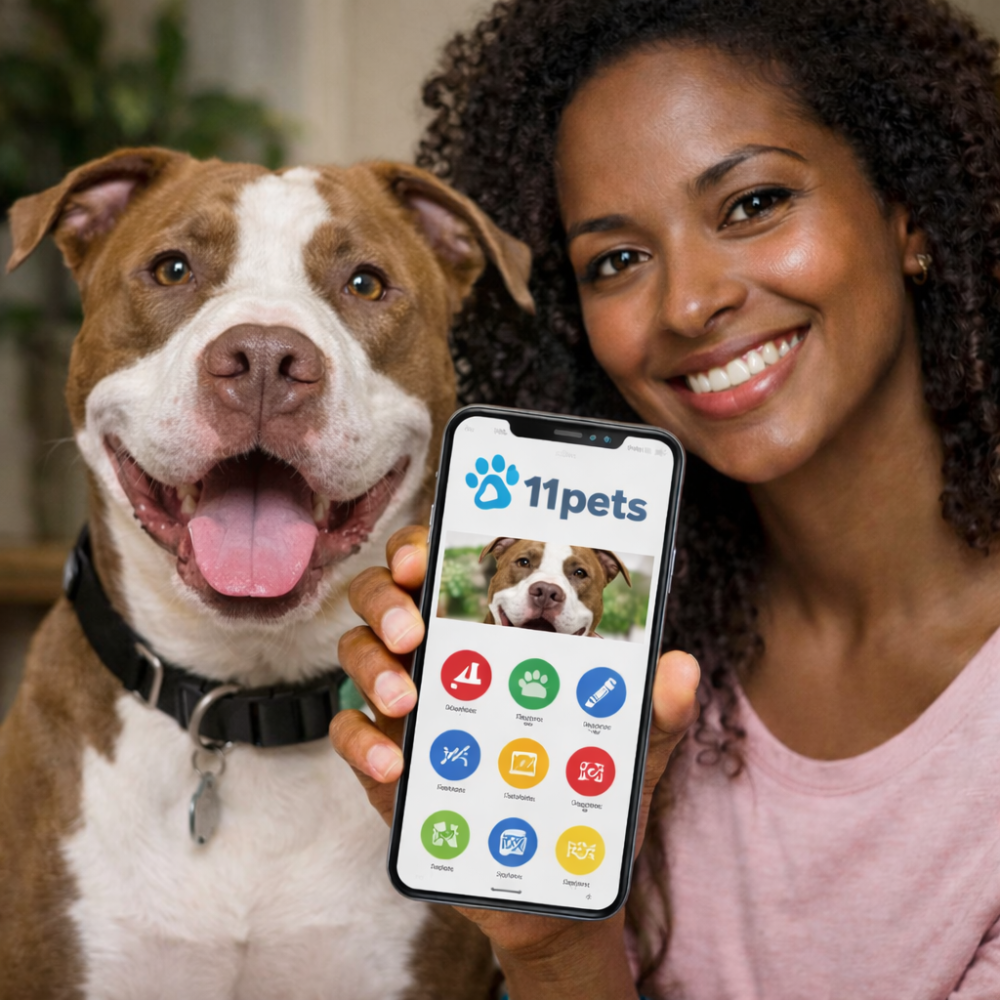 cachorro pitbull e uma mulher negra com um celular na mão