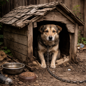 cachorro vira-lata preso por corrente dentro de uma casinha em péssimas condilçoes num quintal