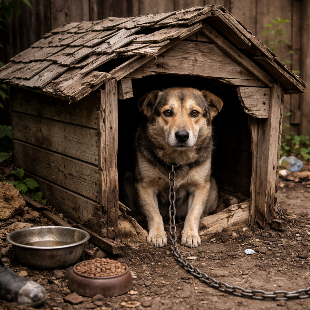 cachorro vira-lata preso por corrente dentro de uma casinha em péssimas condilçoes num quintal