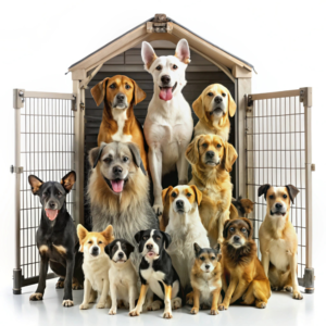 Uma casa de cachorro com as portas abertas e várias raças de cachorros