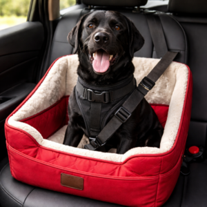 cão labrador preto viajando seguro numa cadeirinha e cinto de segurança