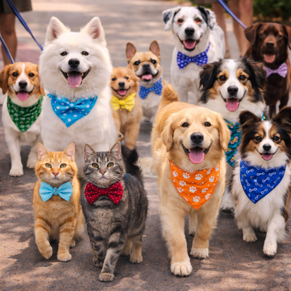 vários pets com bandanas e laços no pescoço