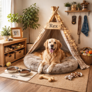 cão dentro de uma barraca num espaço da casa