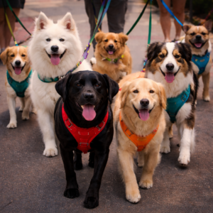 vários cães passeando com guias e peitorais para um passeio seguro