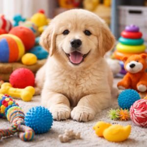 um cão filhote da raça Golden Retriever rodeado de brinquedos