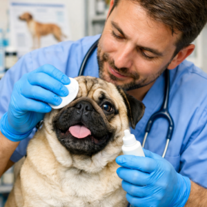 veterinário fazendo a higiene ocular em cão da raça Pug