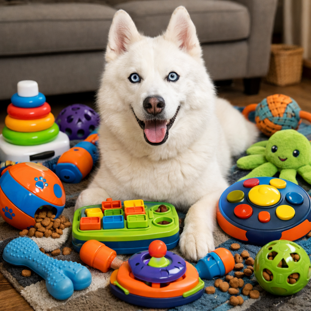 cão rashk siberiano de olhos azuis rodeado de brinquedos interativos.