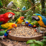 Várias aves comendo sementes na natureza