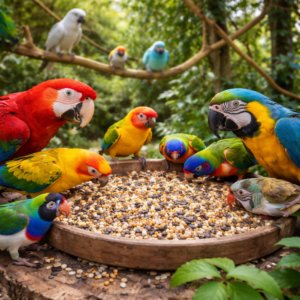 Várias aves comendo sementes na natureza