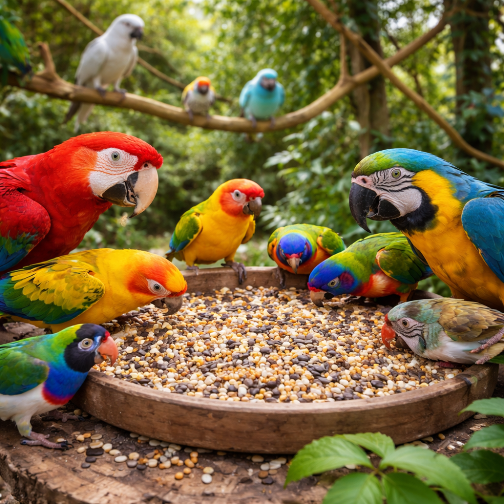 Várias aves comendo sementes na natureza